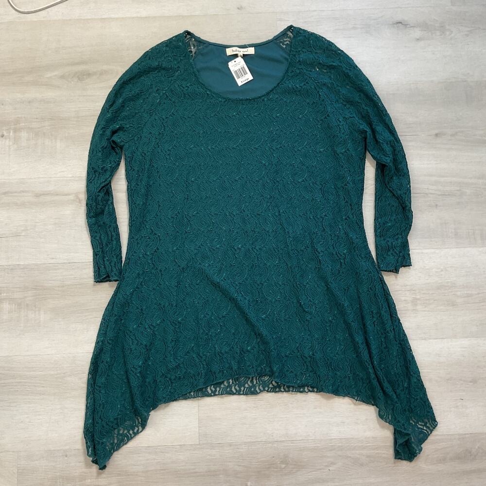 Indigo Soul Paisley Three Quarter Sleeve Asymmetrical Lace Tunic Teal XLarge NWT